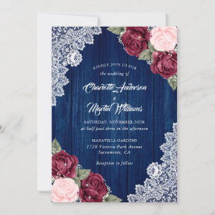 Navy Blue Burgundy Blush Barn Wood Lace Wedding Einladung