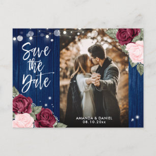 Navy Blue Burgundy Blush Foto Save the Date Ankündigungspostkarte