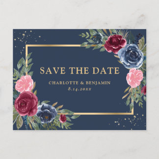 Navy Blue Burgundy Blush Gold Floral Save the Date Ankündigungspostkarte