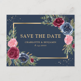 Navy Blue Burgundy Blush Gold Floral Save the Date Ankündigungspostkarte