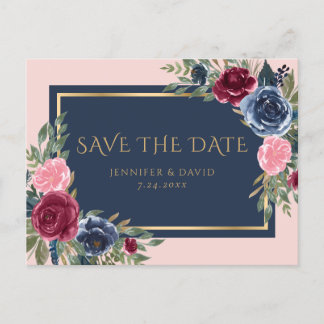 Navy Blue Burgundy Blush Pink Bloral Save the Date Ankündigungspostkarte