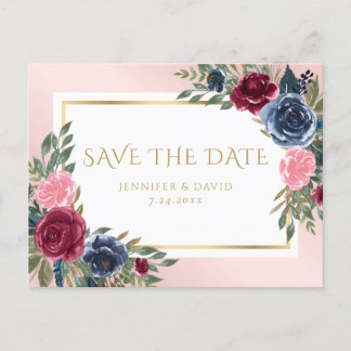 Navy Blue Burgundy Blush Pink Bloral Save the Date Ankündigungspostkarte