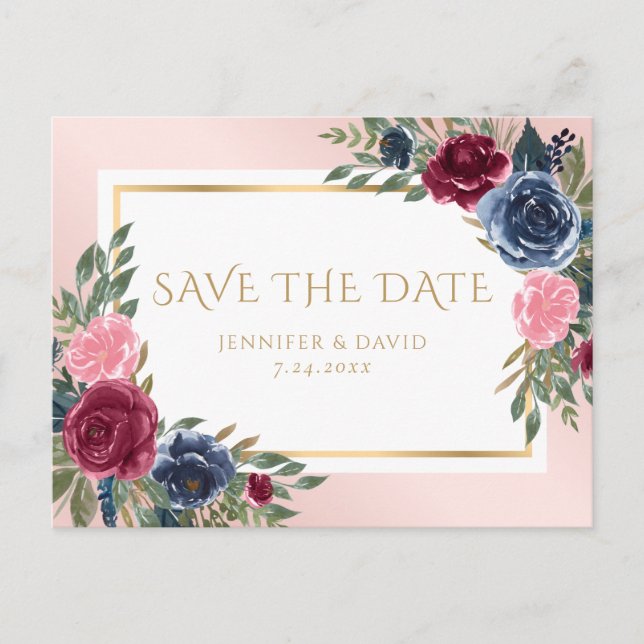Navy Blue Burgundy Blush Pink Bloral Save the Date Ankündigungspostkarte (Vorderseite)