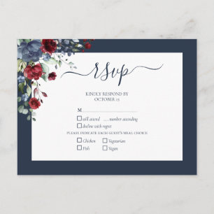 Navy Blue Burgundy Botanical Script Wedding RSVP Einladungspostkarte