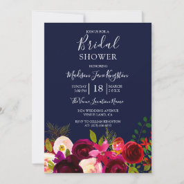 Navy Blue Burgundy Brautparty Floral Einladung