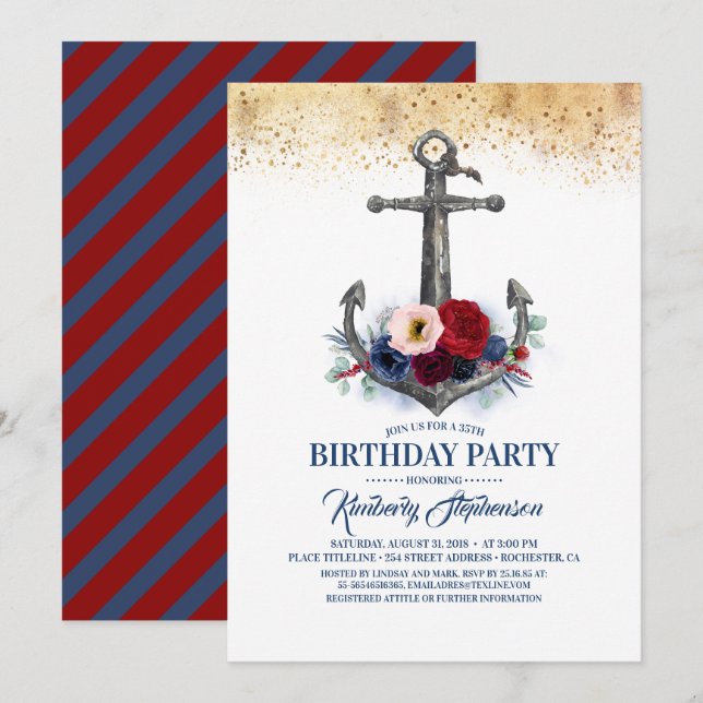 Navy Blue Burgundy Floral Anchor Nautical Birthday Einladung (Vorne/Hinten)