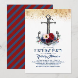 Navy Blue Burgundy Floral Anchor Nautical Birthday Einladung