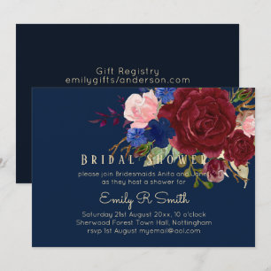 Navy Blue Burgundy Floral Bouquet Wedding Einladung