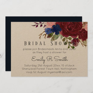 Navy Blue Burgundy Floral Bouquet Wedding Einladung