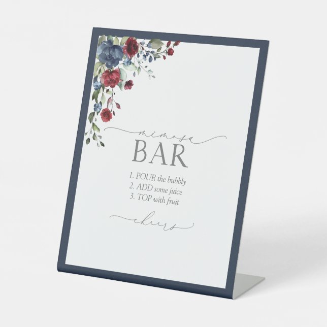 Navy Blue Burgundy Floral Brautparty Mimosa Bar Sockelschild (Vorderseite)