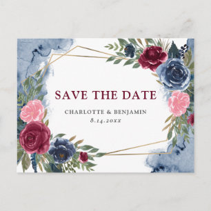 Navy Blue Burgundy Floral Geometric Save the Date Ankündigungspostkarte