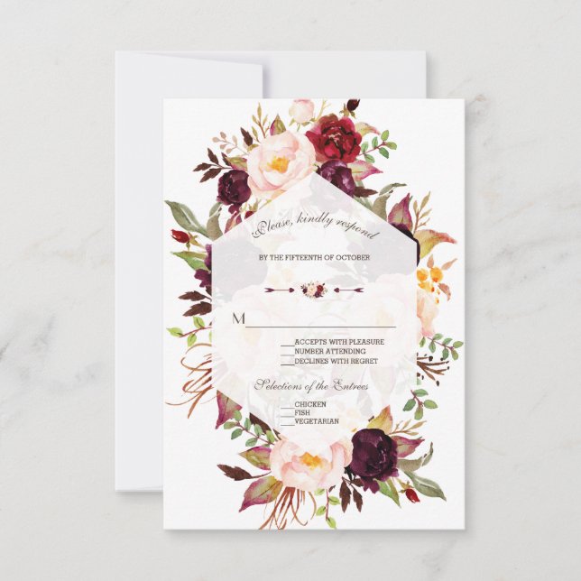 Navy Blue Burgundy Floral Geometric Wedding RSVP (Vorderseite)