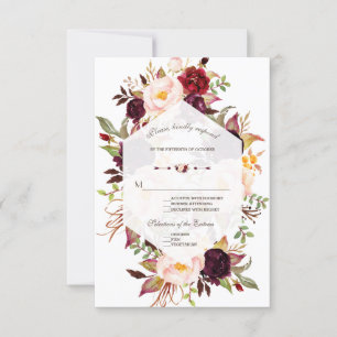 Navy Blue Burgundy Floral Geometric Wedding RSVP Karte