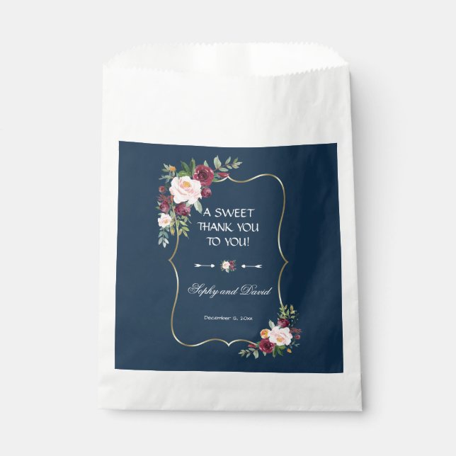 Navy Blue Burgundy Floral Gold Wedding DANK Geschenktütchen (Vorderseite)