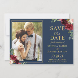 Navy Blue Burgundy Floral Gold Wedding Foto Save The Date