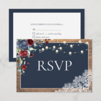 Navy Blue Burgundy Floral Lace Wood Wedding RSVP