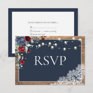 Navy Blue Burgundy Floral Lace Wood Wedding RSVP Karte