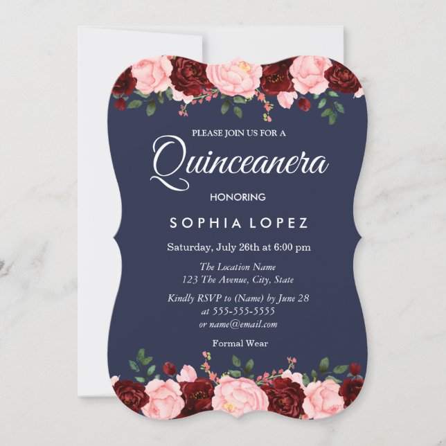 Navy Blue Burgundy Floral Quinceanera Einladung (Vorderseite)