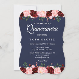 Navy Blue Burgundy Floral Quinceanera Einladung