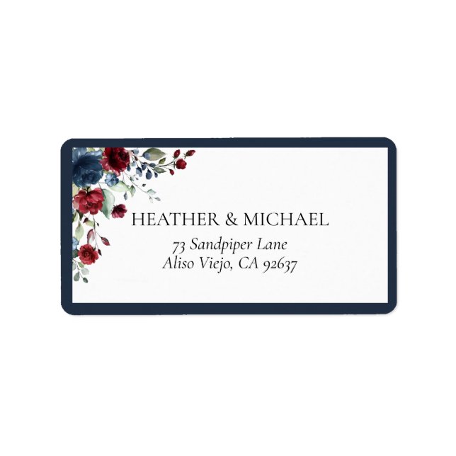 Navy Blue Burgundy Floral Watercolor Adresse Adressaufkleber (Vorne)