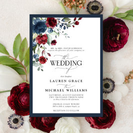 Navy Blue Burgundy Floral Watercolor Script Invita Einladung