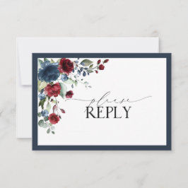 Navy Blue Burgundy Floral Watercolor Script UAWG RSVP Karte