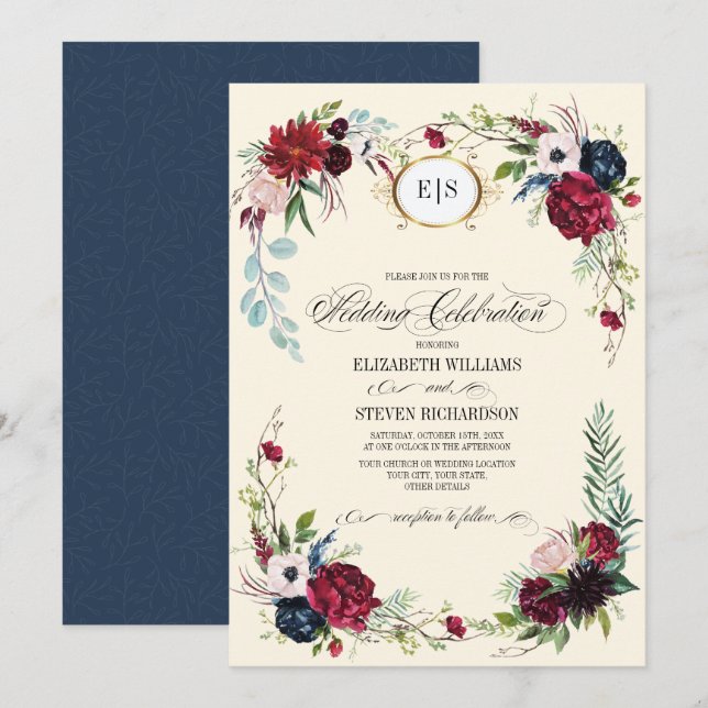 Navy Blue | Burgundy Floral Watercolor Wedding Einladung (Vorne/Hinten)