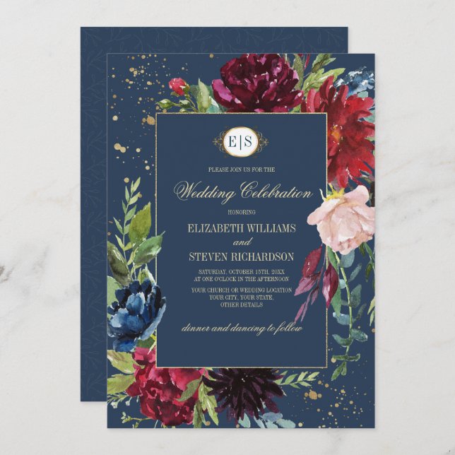 Navy Blue | Burgundy Floral Watercolor Wedding Einladung (Vorne/Hinten)