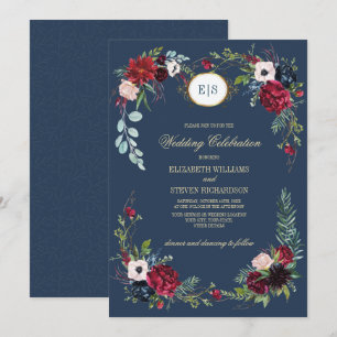 Navy Blue   Burgundy Floral Watercolor Wedding Einladung