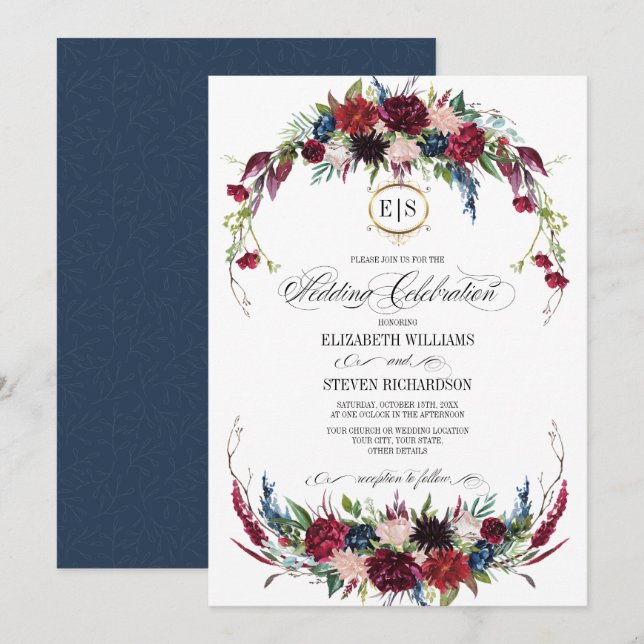 Navy Blue | Burgundy Floral Watercolor Wedding Einladung (Vorne/Hinten)