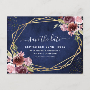 Navy Blue Burgundy Geometric Floral Save the Date Ankündigungspostkarte