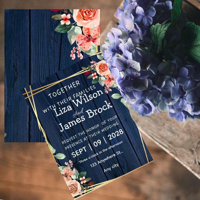 Navy Blue Burgundy Gold Blush wood Wedding  Einladung (Von Creator hochgeladen)