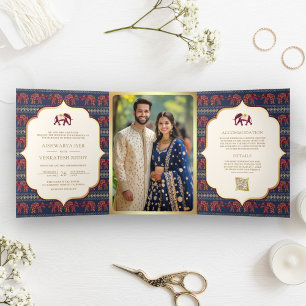 Navy Blue Burgundy Gold Elephant Indian Wedding Dreifach Gefaltete Einladung