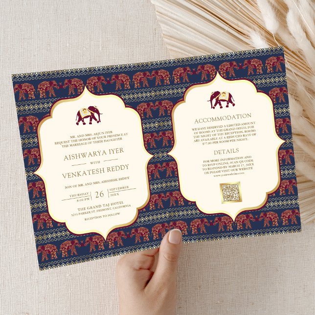 Navy Blue Burgundy Gold Elephant Indian Wedding Einladung (Von Creator hochgeladen)