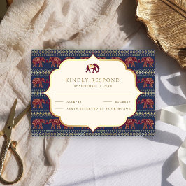 Navy Blue Burgundy Gold Elephant Indian Wedding RSVP Karte