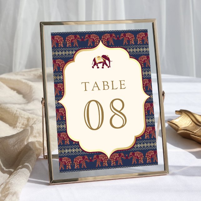 Navy Blue Burgundy Gold Elephant Indian Wedding Tischnummer (Von Creator hochgeladen)