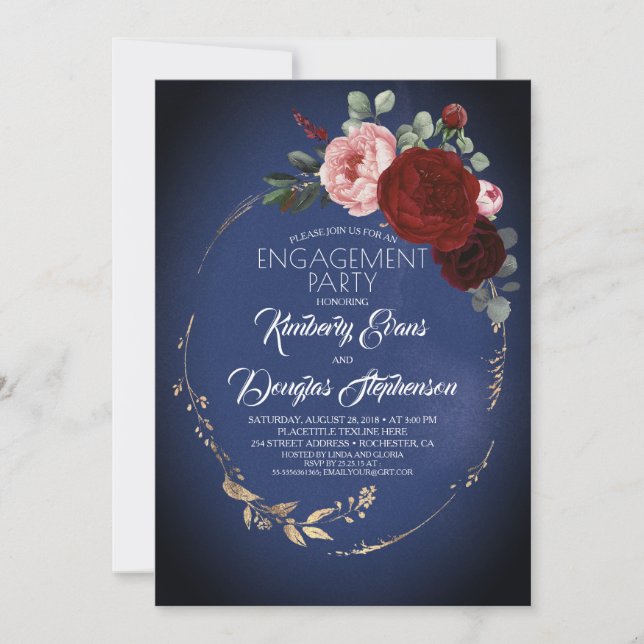 Navy Blue Burgundy Gold Floral Engagement Party Einladung (Vorderseite)