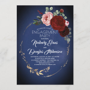Navy Blue Burgundy Gold Floral Engagement Party Einladung