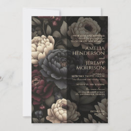 Navy Blue & Burgundy Moody Floral mit QR Code Einladung
