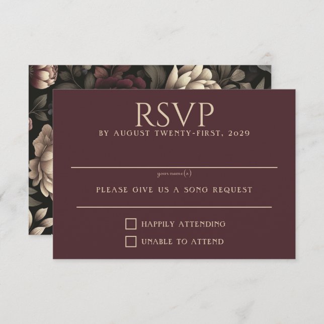 Navy Blue & Burgundy Moody Floral RSVP Karte (Vorne/Hinten)