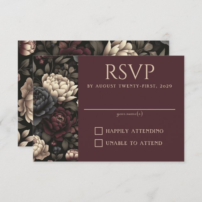 Navy Blue & Burgundy Moody Floral RSVP Karte (Vorne/Hinten)
