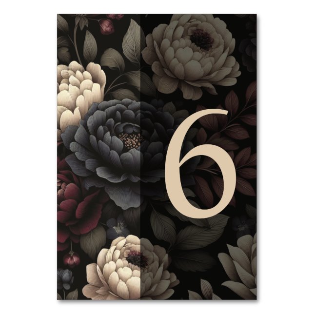 Navy Blue & Burgundy Moody Floral Table 6 Tischnummer (Vorderseite)
