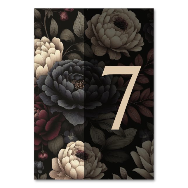 Navy Blue & Burgundy Moody Floral Table 7 Tischnummer (Vorderseite)