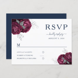 Navy Blue Burgundy Peonies Floral Wedding RSVP Postkarte