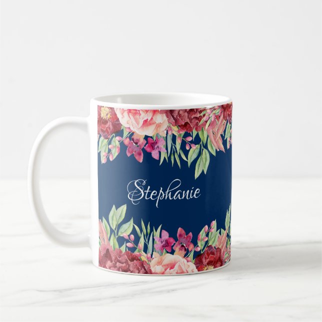 Navy Blue Burgundy Personalisierter Name Kaffeetasse (Links)
