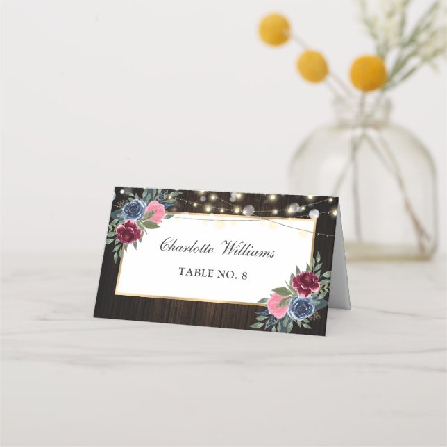 Navy Blue Burgundy Pink Floral Wedding Platzkarte (Vorderseite)