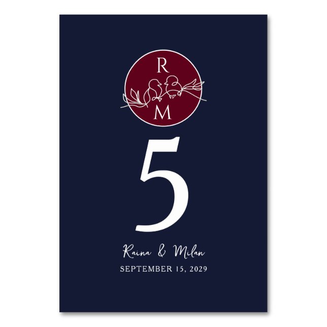 Navy Blue Burgundy Wedding Tischnummer (Vorderseite)