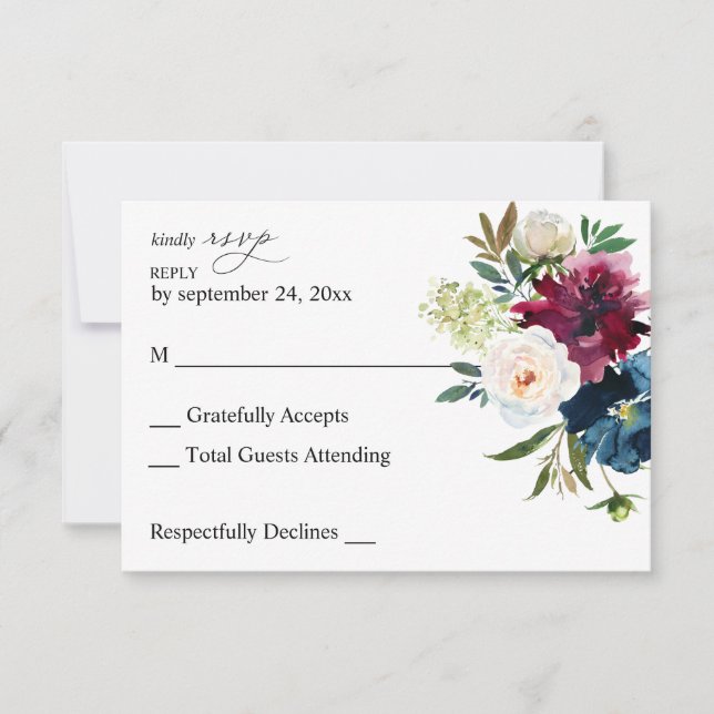 Navy Blue, Burgundy & White Floral UAWG RSVP Karte (Vorderseite)