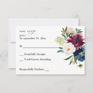 Navy Blue, Burgundy & White Floral UAWG RSVP Karte