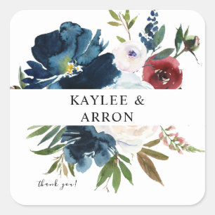 Navy Blue, Burgundy & White Floral Vielen Dank Quadratischer Aufkleber